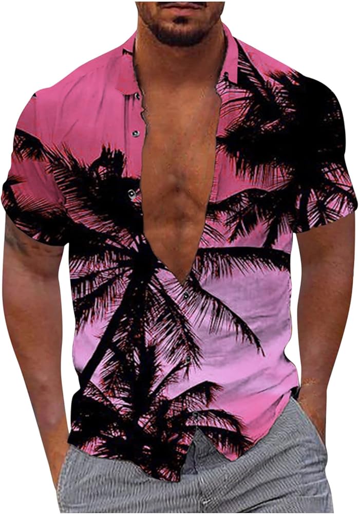 Coconut Tree Tee Top for Men Button Beach Gradient Print Pullover T-Shirt Turn-Down Short Sleeve Blouse Tunic Oversize