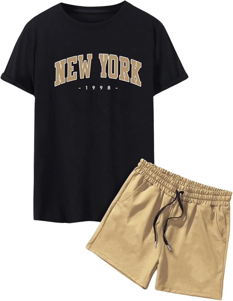 COZYEASE Men's 2 Piece Set Letter Graphic Pocket Colorblock Tee and Shorts