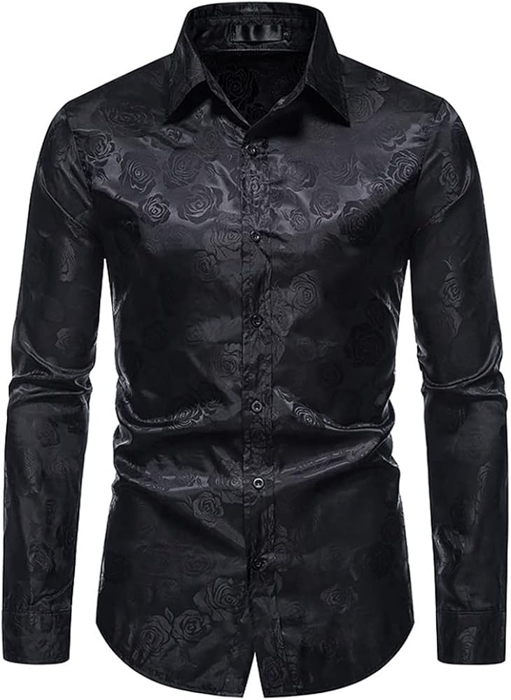 Cloudstyle Mens Floral Shirt Rose Printed Long Sleeve Dress Shirt Porm Wedding Button Down Shirt