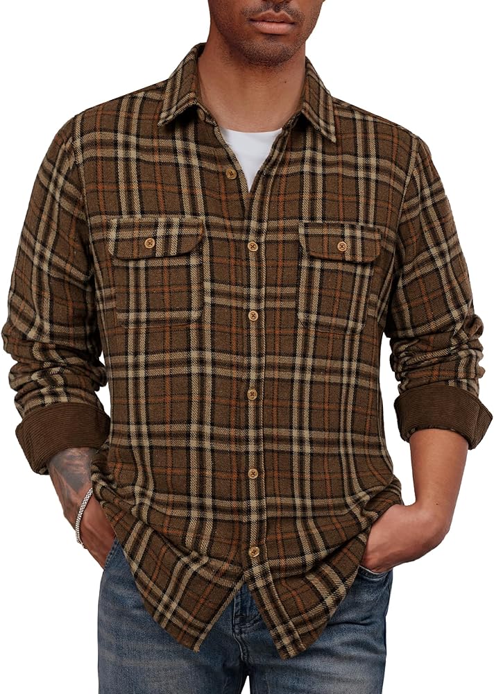 PJ PAUL JONES Flannel Shirts for Men Long Sleeve Casual Button Down Shirts Plaid Shacket for Winter