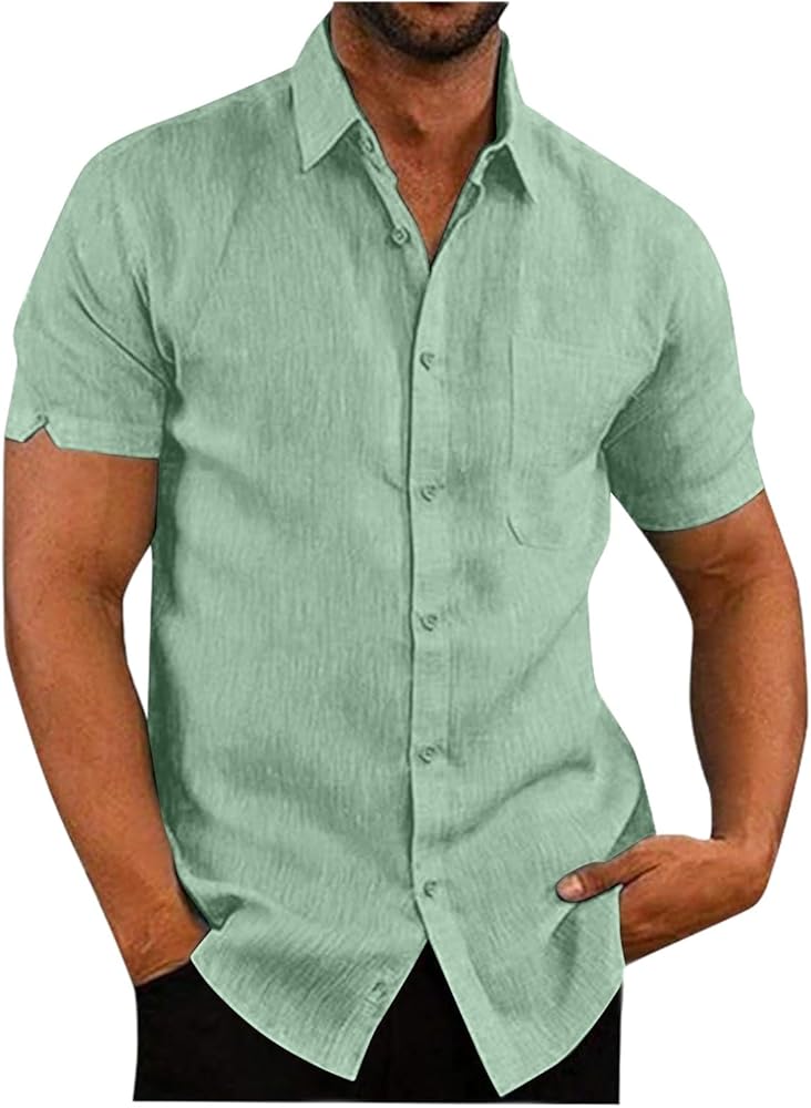 Men's Linen Solid Color Stripe Lapel with Pocket Loose Dress Shirt Button Down Short Sleeve Casual Beach Shirt