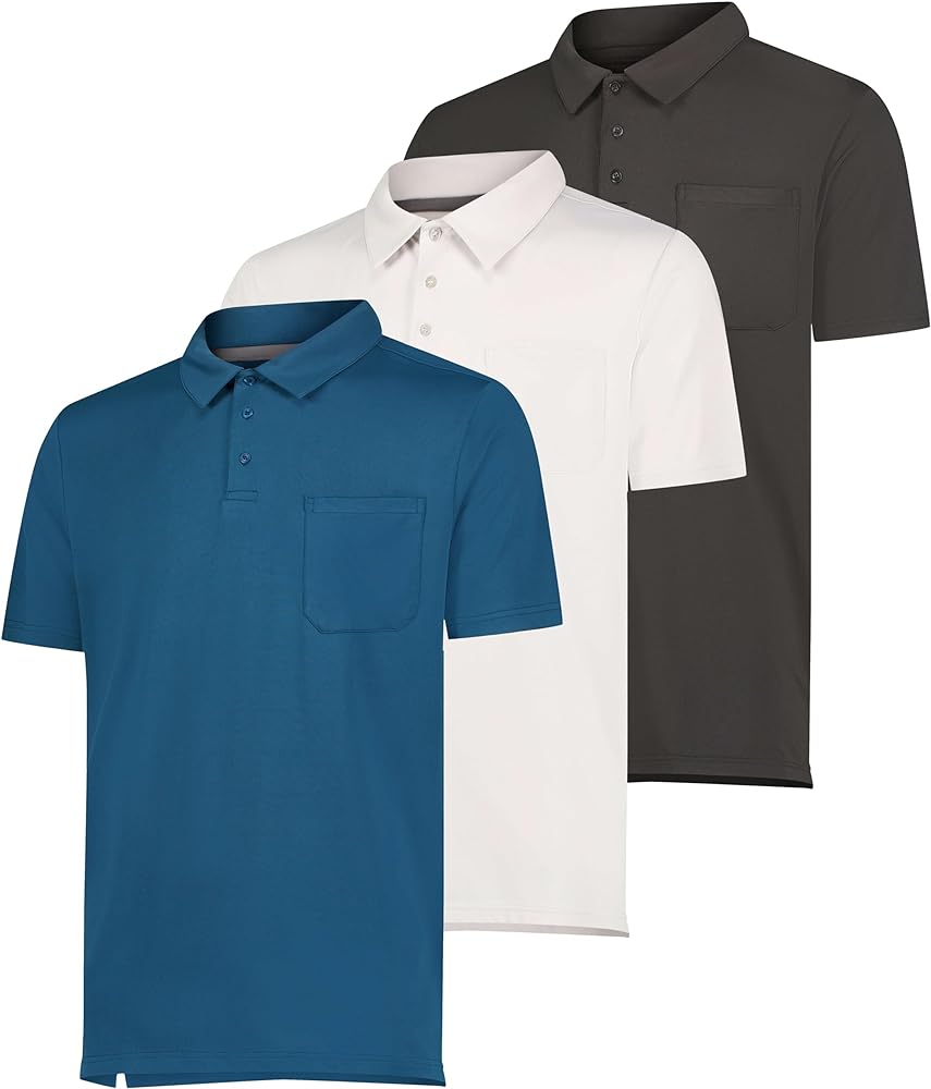 Real Essentials 3 Pack: Men's Short Sleeve Pocket Polo Shirt Dry-Fit Performance Tactical Golf (Available in Big & Tall)