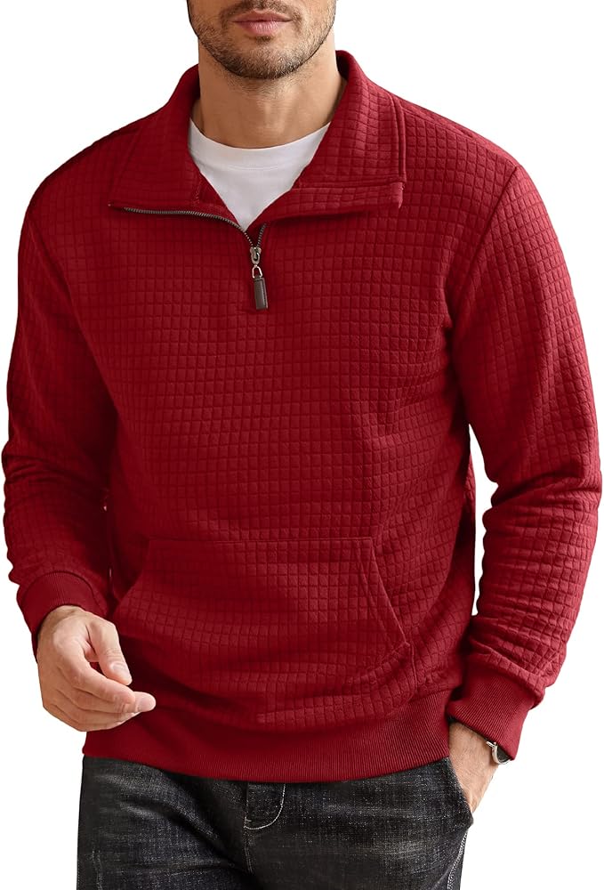 COOFANDY Men's Quarter Zip Sweatshirt Long Sleeve Casual Waffle Knit Pullover with Pocket