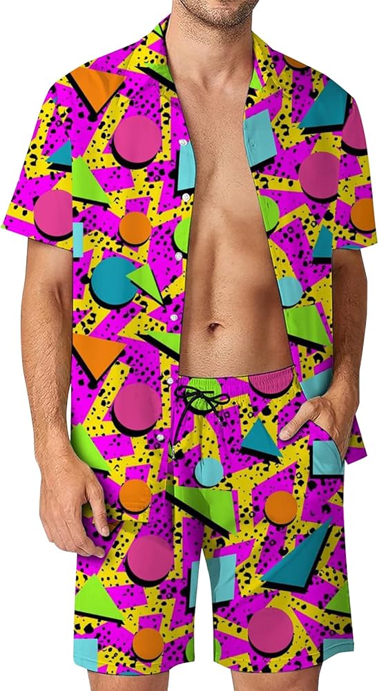 Mens 80s 90s 2 Pieces Vintage Shirts and Shorts Set Disco Beach Outfit Retro Tracksuits Summer Hawaiian Party