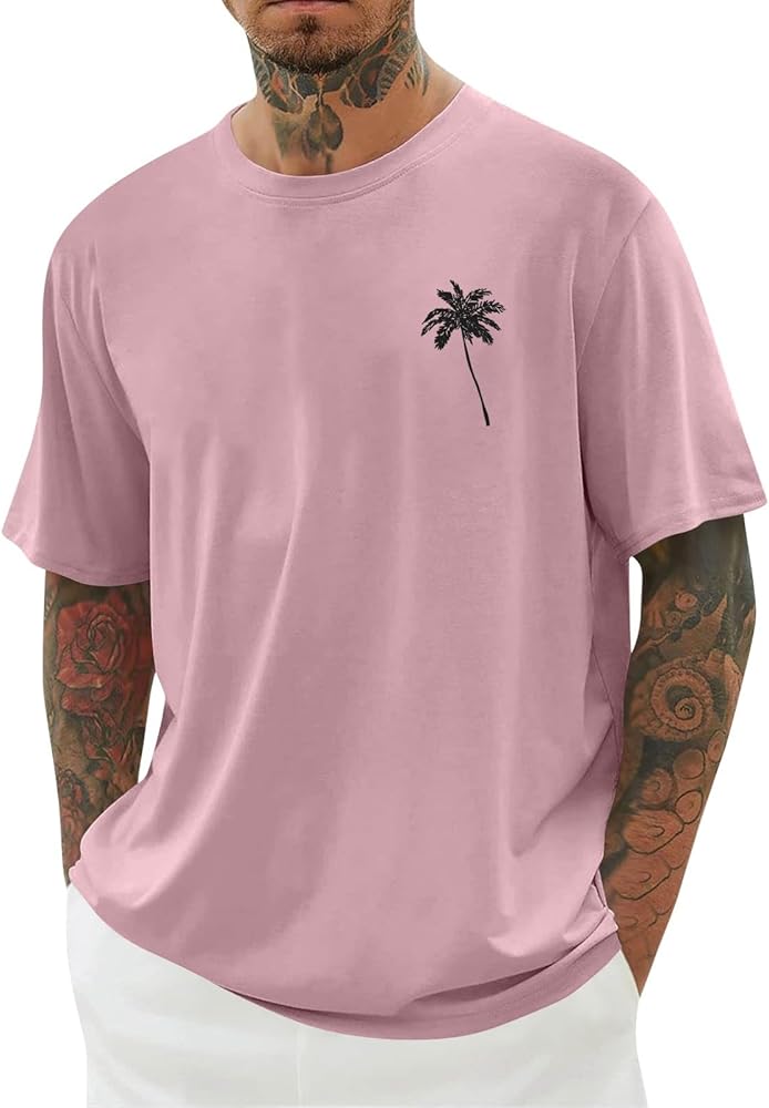 WENKOMG1 Mens Graphic Tee Shirt Palm Tree Patterns Solid Casual T-Shirt Summer Loose Fit Short Sleeve Tees