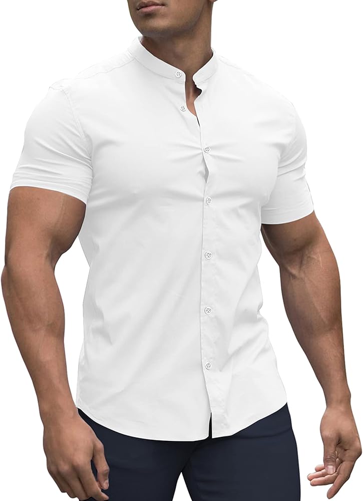 URRU Men's Muscle Dress Shirts Slim Fit Stretch Banded Collar Long&Short Sleeve Casual Button Down Shirt