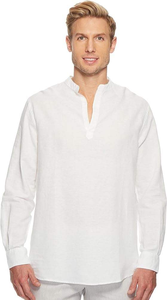 Perry Ellis Men's Long-Sleeve Solid Linen Cotton Popover Shirt