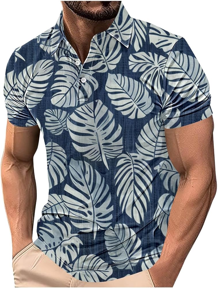 Mens Golf Shirt Casual Vacation Tees Button Neck Short Sleevee Tops Hawaiian Graphic Soft Going Out Pullover Blouses