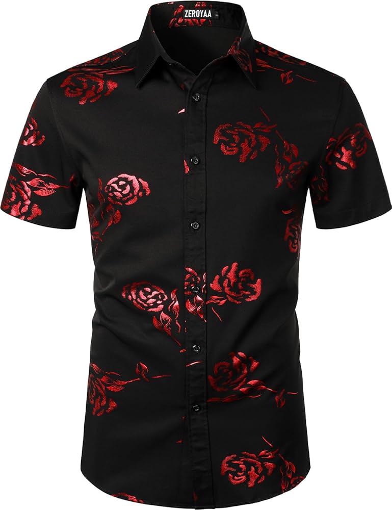 ZEROYAA Mens Hipster Gold Rose Printed Slim Fit Short Sleeve Button Down Dress Shirts