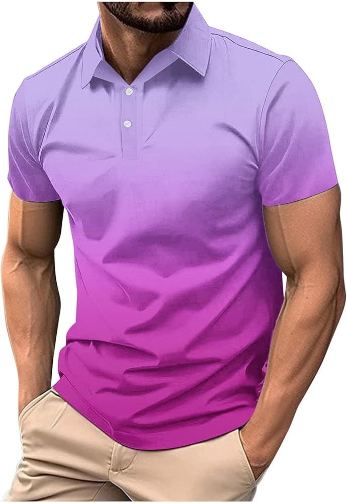 Men's Polo Shirts Casual Gradient T-shirt Color Block Slim Fit Golf Shirts Summer Short Sleeve Trendy Tops for Men