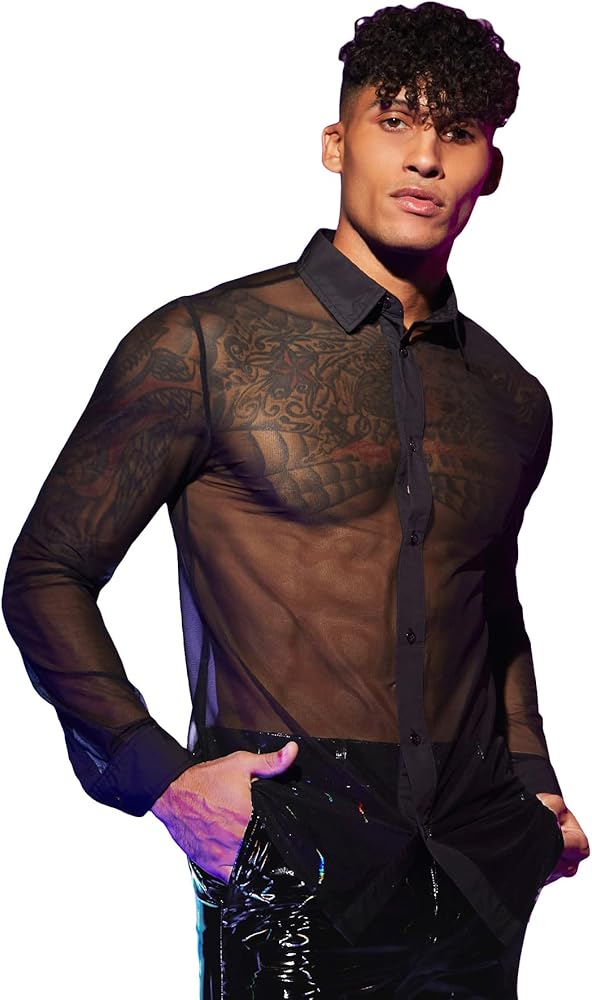 COZYEASE Men's See Through Mesh Button Down Shirt Long Sleeve Collared Tops Streetwear