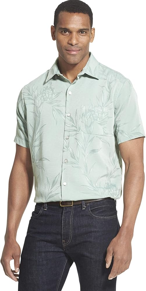 Van Heusen Mens Air Tropical Short Sleeve Button Down Poly Rayon Shirt