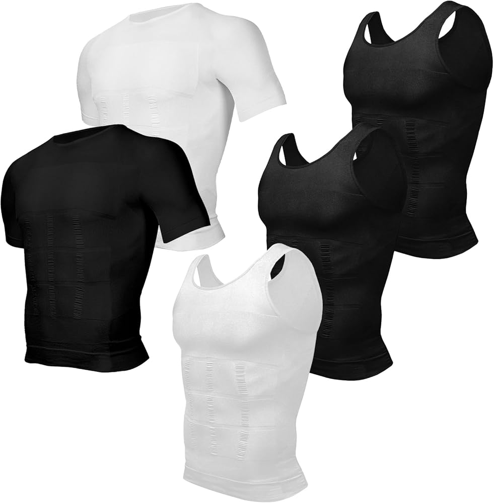 Odoland 5 Pack Men's Compression Shirt Short Sleeve Vest Set, Body Shaper Shapewear Tank Top Base Layer for Sport