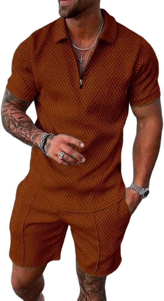 Mens 2 Piece Zip Tracksuit Polo Shirt and Shorts Sets Short Sleeve Summer Casual Outfit