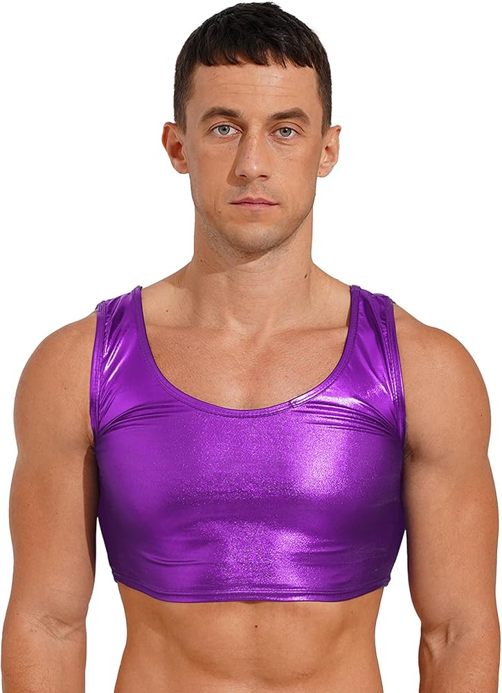 Men's Sexy Shiny Metallic Sleeveless Muscle Half Tank Top Vest T-Shirts Sports Bras Clubwear