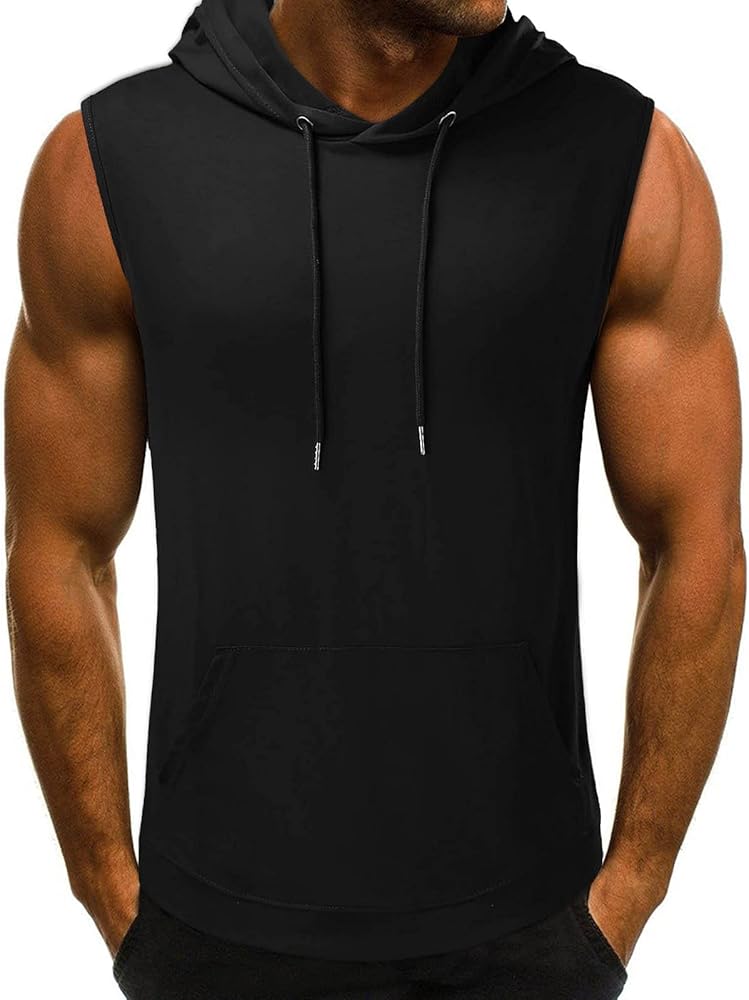 Mens Workout Hooded Tank Tops Regular Fit Gym Sleeveless Hoodies Bodybuilding Quick Dry Athletic Cut Off Muscle Shirt