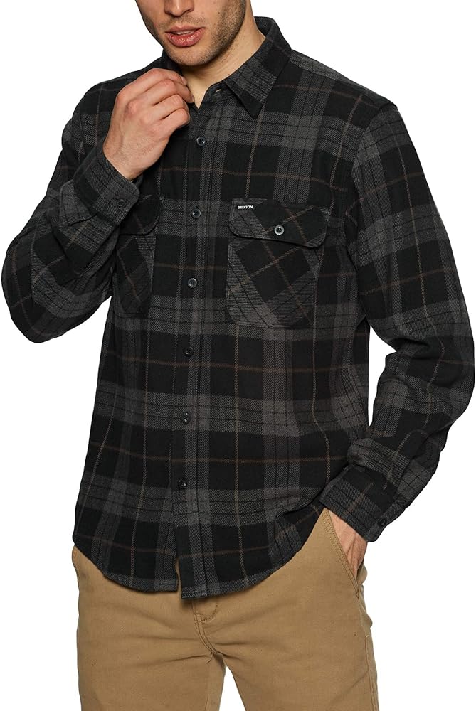 Brixton mens Bowery L/S Flannel Button Down Shirt, Black/Charcoal, Medium US