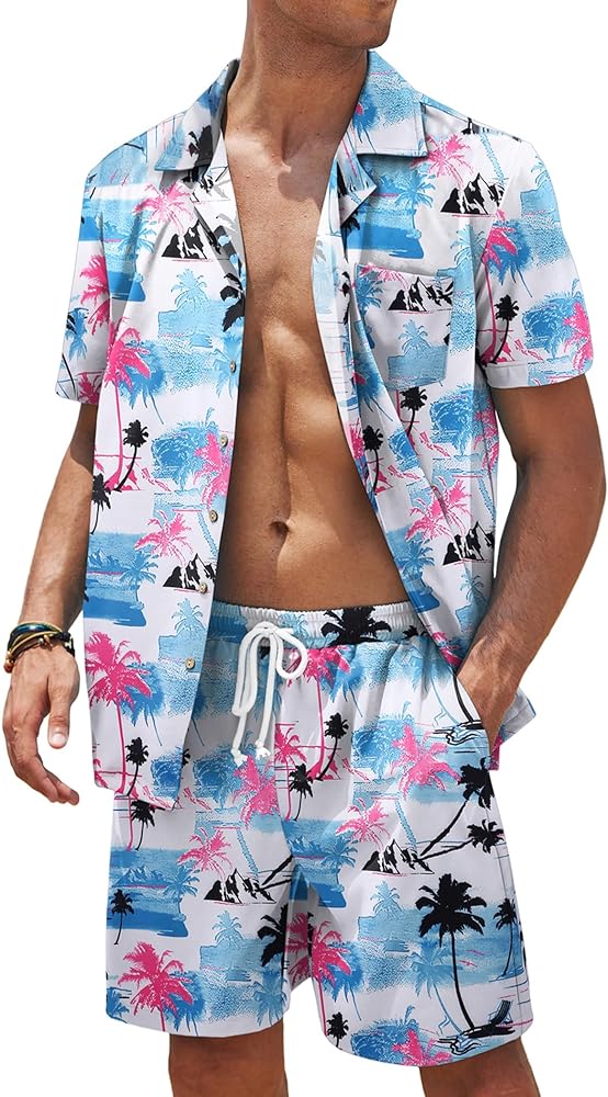 COOFANDY Mens Hawaiian Shirt and Shorts Set 2 Piece Vacation Outfits Floral Button Down Shirt