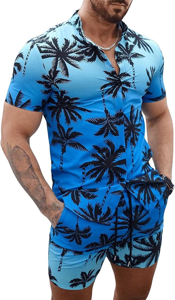 Floerns Men's 2 Piece Holiday Outfit Tropical Print Shirts with Shorts Set