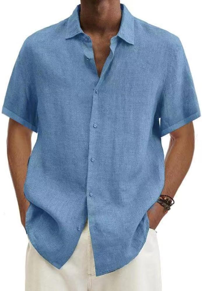 Mens Dress Shirt Casual Button Down Short Sleeve Summer T Shirts Beach Linen Texture Shirts