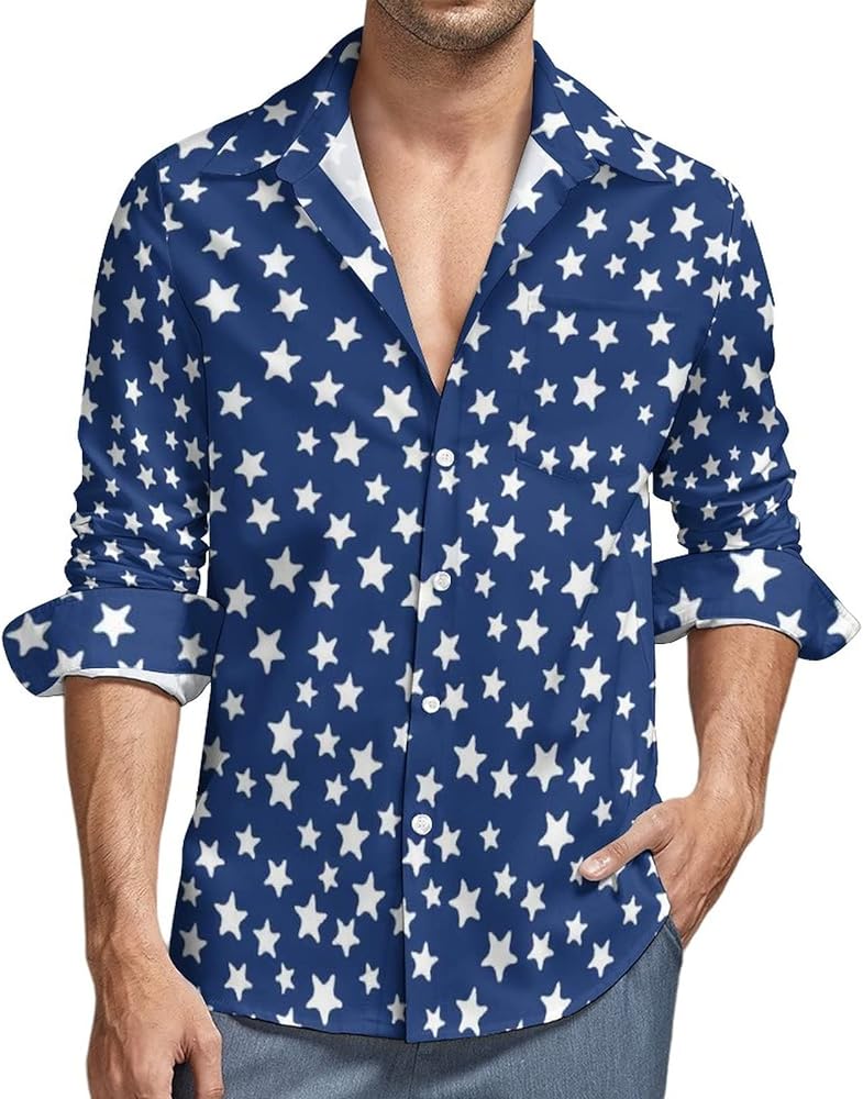 Navy Blue Night Sky Stars Men's Shirt Long Sleeve Button Down Casual Blouse Shirts Tops