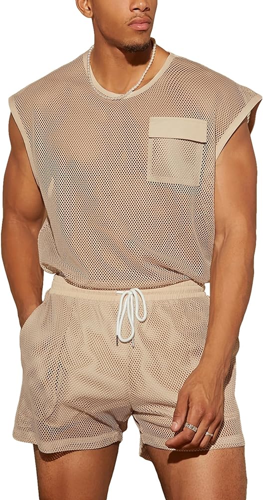 Verdusa Men's 2 Piece Tracksuit Sets Sheer Fishnet Round Neck Tank Top with Shorts