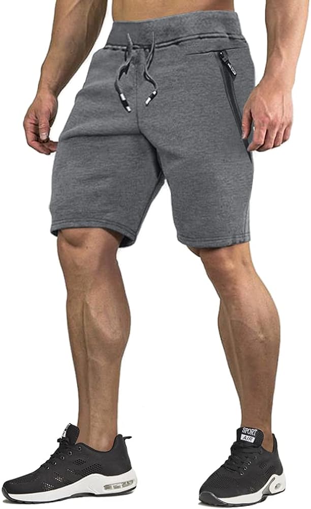 CRYSULLY Men's Cotton Joggers Casual Workout Shorts Running Shorts with Zipper Pockets