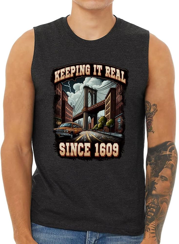 Keeping It Real Men's Muscle Tank - Brooklyn Bridge Men's Sleeveless T-Shirt - Trendy Tank