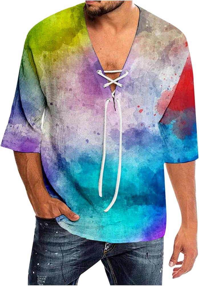 Mens Spring and Summer Casual Tie Dye Print T Shirt Lacing V Neck 3/4 Sleeve Tops Unisex T Shirt