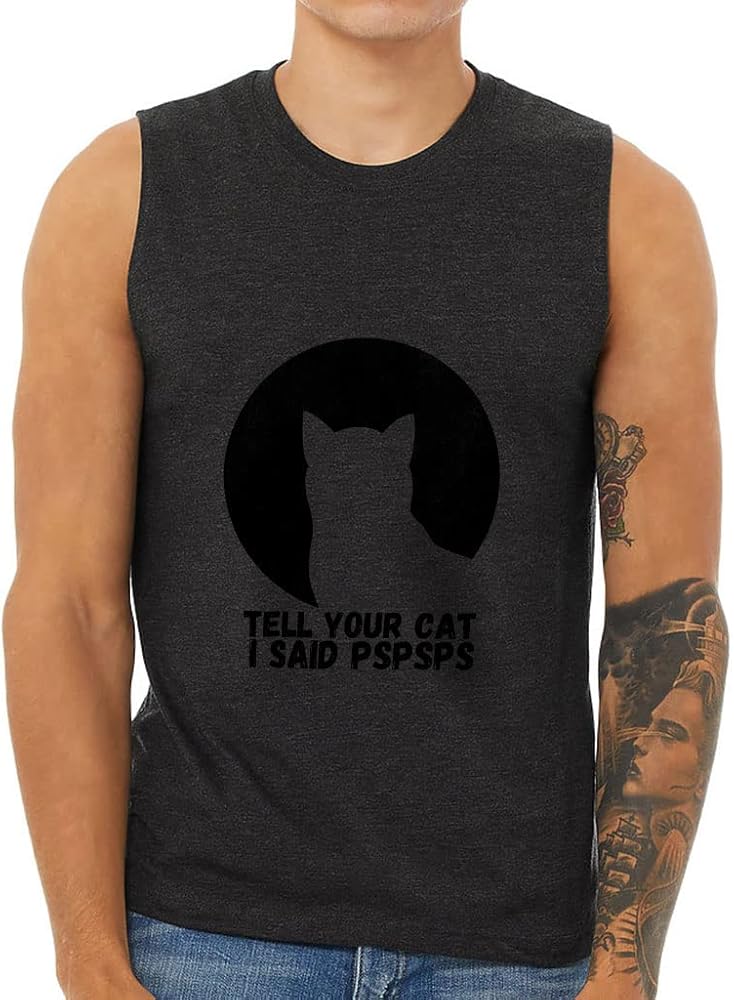 Cat Print Men's Muscle Tank - Tell Your Cat Men's Sleeveless T-Shirt - Graphic Tank - Dark Gray Heather, M