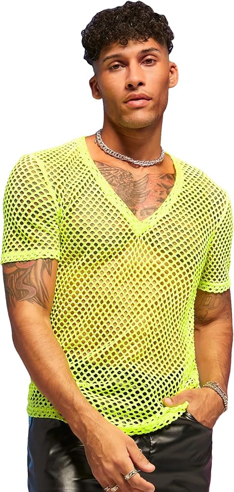 GORGLITTER Men's Fishnet T Shirt Mesh Short Sleeve V Neck Tee Shirts