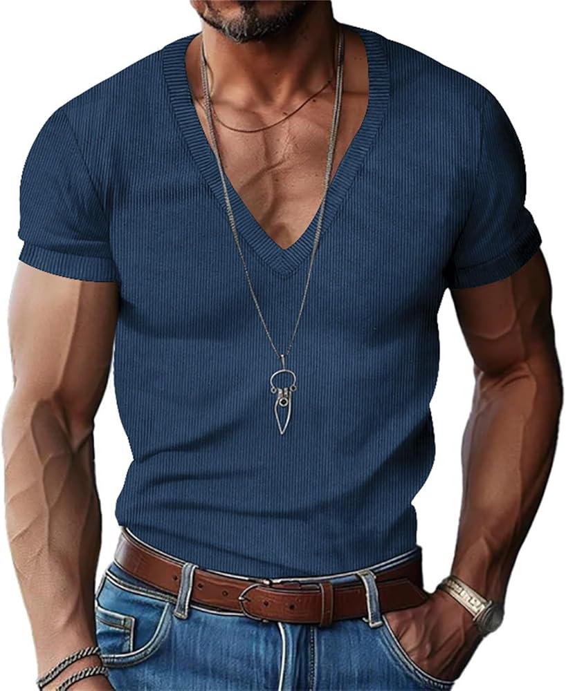 Generic Men's Muscle T Shirts Deep V Neck Stretch Muscle Gym Workout Tee Shirt Casual Short Sleeve Loose Low Cut Tank Tops