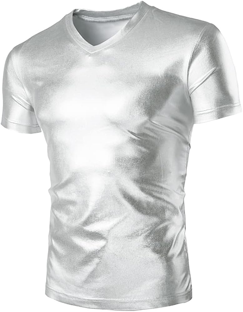 Novia's Choice Men Shiny Metallic Shirt Blouse T-Shirt Tee for Nightclub