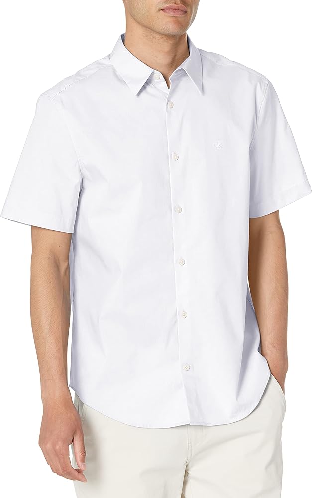 Calvin Klein Men's Stretch Cotton Monogram Logo Short Sleeve Button Down Shirt