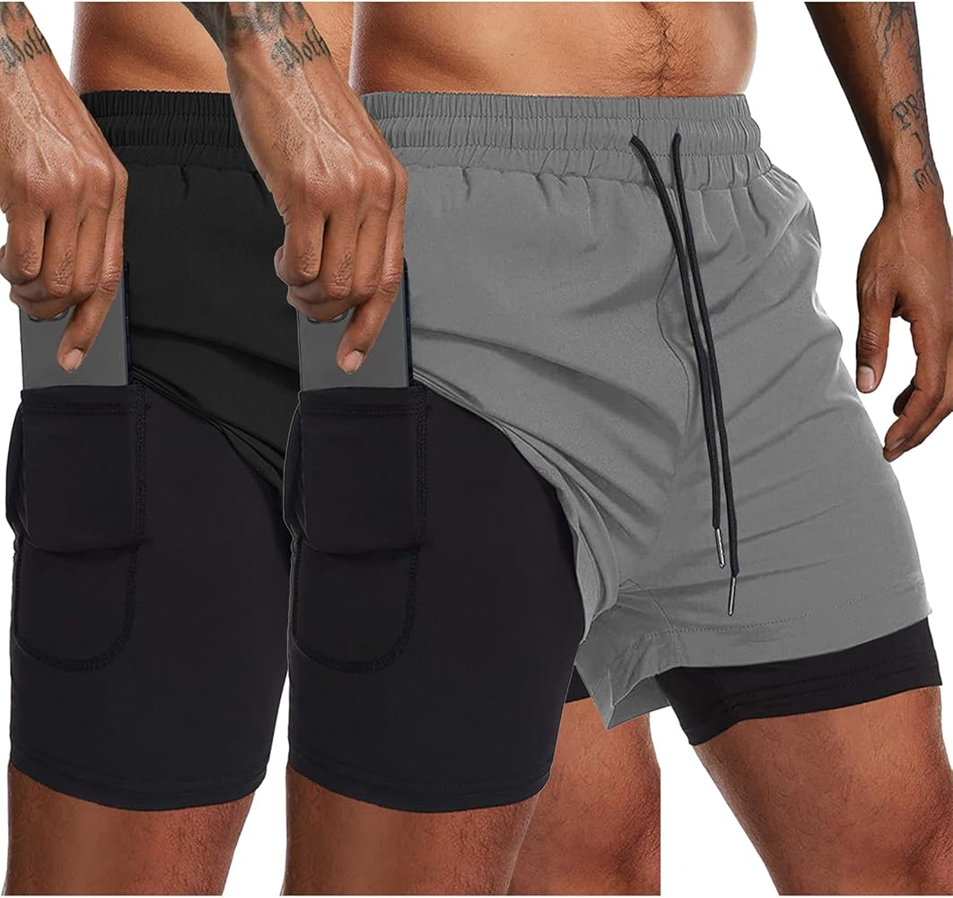 COOFANDY Men's 2 Pack Running Shorts 2 in 1 Workout Shorts Quick Dry Gym Training Athletic Jogger with Phone Pockets