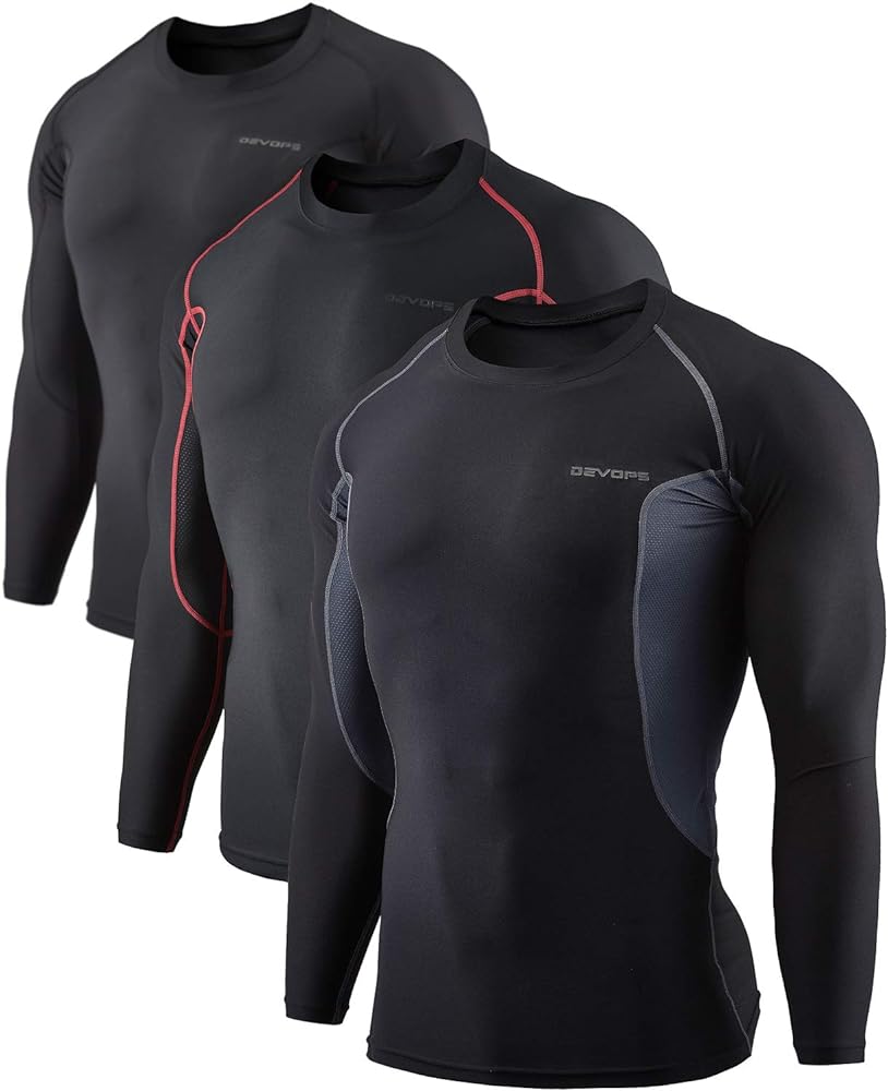 DEVOPS 3 Pack Men's UPF 50+ Long Sleeve Compression Shirts, Water Sports Rash Guard Base Layer, Athletic Workout Shirt