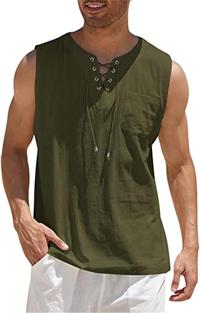 Mens Cotton Linen Tank Tops,Lace Up Sleeveless T-Shirt Solid Hippie Henley Shirt Pirate Style Summer Beach Top