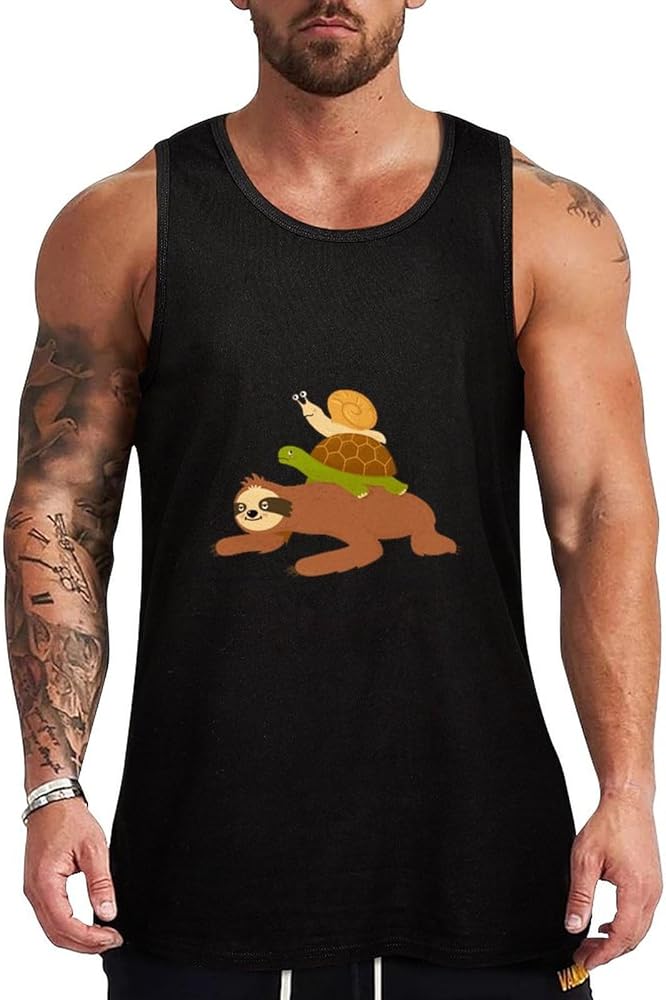 Turtle Snail Riding On Sloth Breathable Men's Tank Top Soft Muscle Vest T-Shirts Quick Dry Sleeveless Fitness Tee