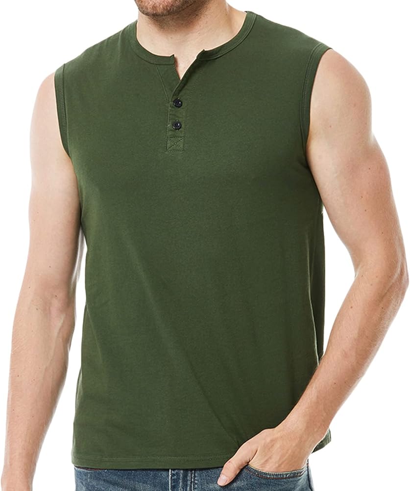 Mens Cotton Sleeveless T Shirts Button Round Neck Pullover Summer Sports Casual Solid Color Tank Tops