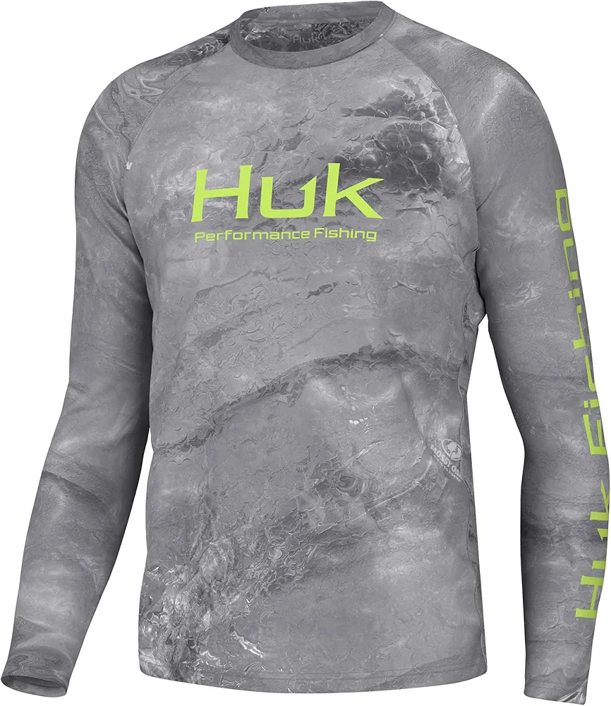 HUK Men's Standard Pursuit Pattern Crew Sleeve, Performance Shirt, Mossy Oak-Calmwater Silver Sky