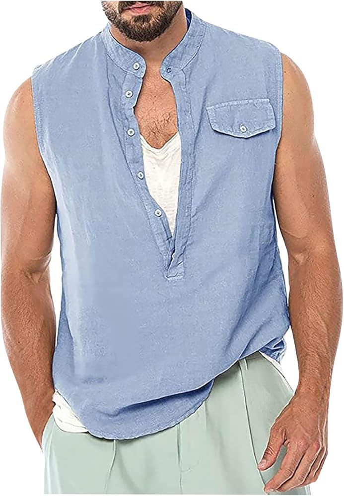 Men's Undershirts Cotton Linen Camisole Collar Loose Sleeveless Vest Button T-Shirt Top Fitness Sweatshirt, S-2XL