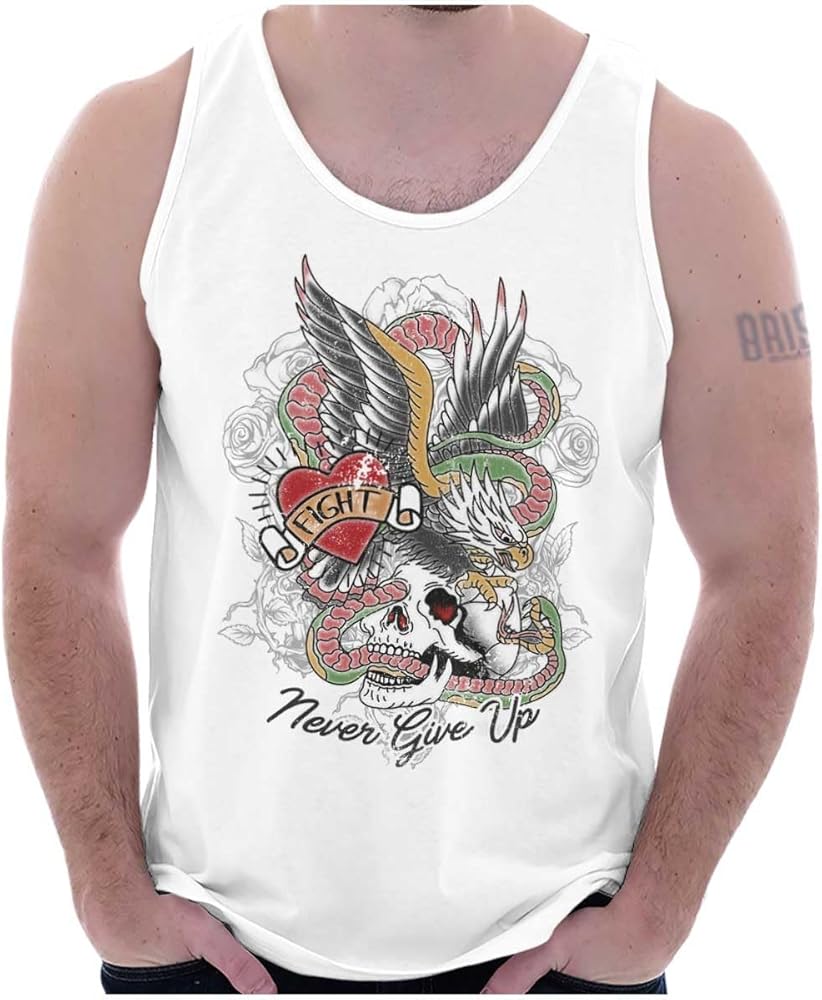 Brisco Brands Never Give Up Fight Skull Tattoo Tank Top T Shirts Men Women