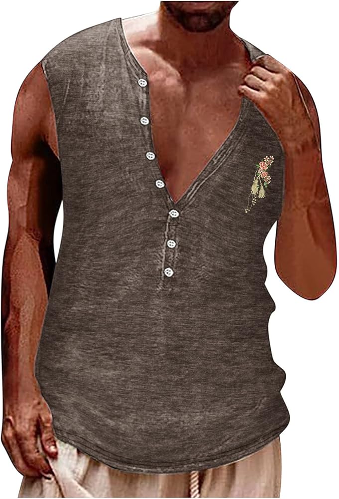 Men's Tank Tops Basic Round Neck Sleeveless Button Down Shirts Floral Graphic Summer Tee Casual Bodybuilding T-Shirt