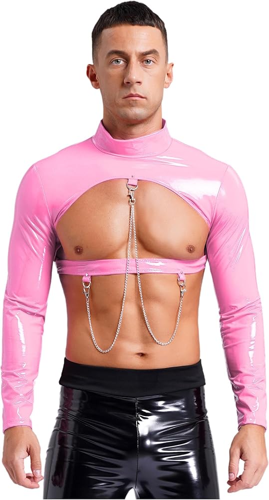 Men's Wetlook Faux Leather Hollow Out Crop Top Metal Chains Long Sleeve T-shirt Muscle Tops