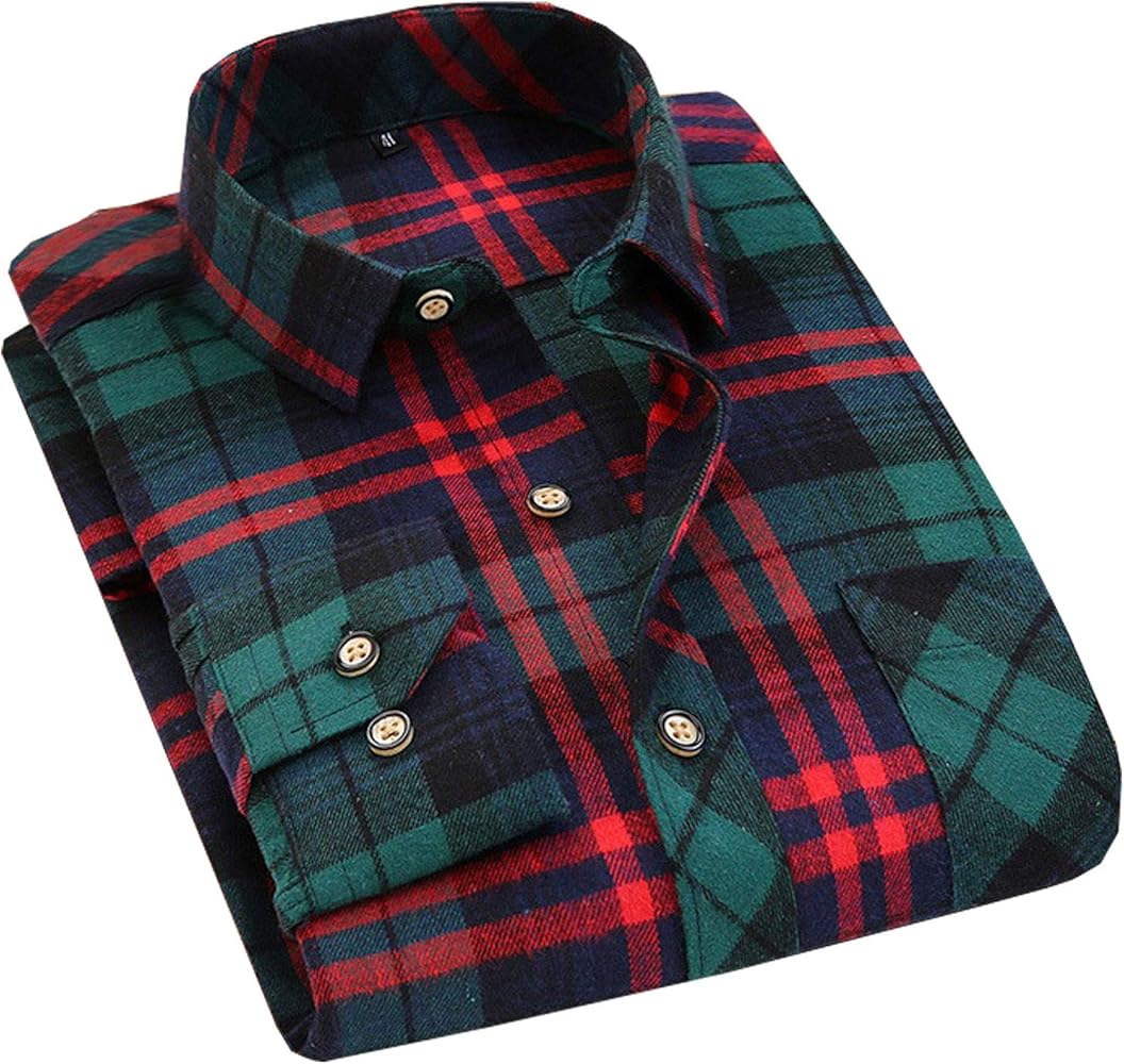 Flygo Men's Casual Collared Long Sleeve Plaid Button Down Shirt