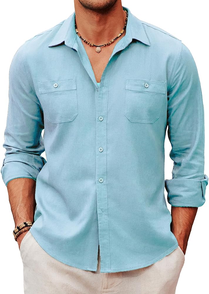 COOFANDY Men's Casual Button Down Shirt Long Sleeve Linen Chambray Shirt