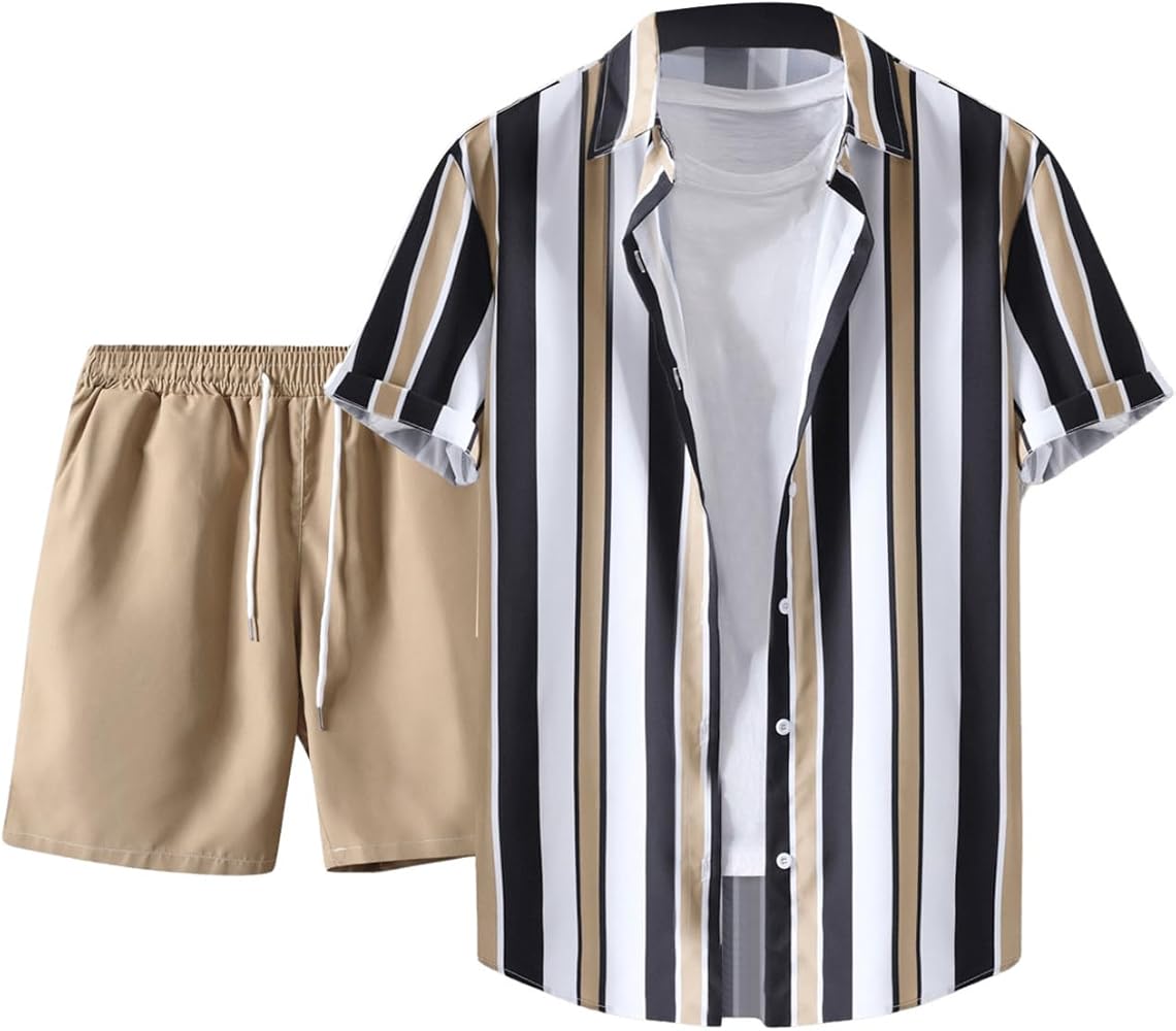 Verdusa Men's 2 Piece Shirt Sets Short Sleeve Casual Button Down Outfit Shorts Set Summer Beach Outfits