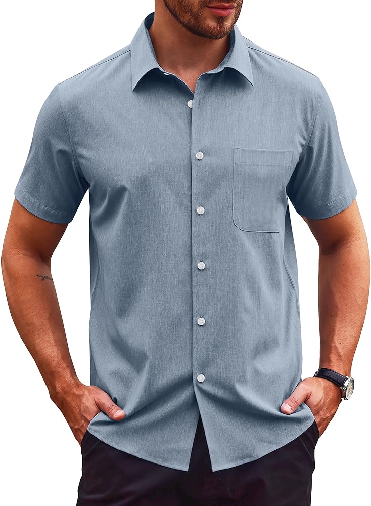 Short Sleeve Button Down Men Shirt Mens Short Sleeves Dress Shirts Beach Summer Casual Linen Shirt Men Wrinkle Free