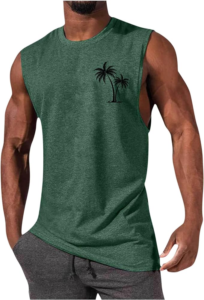 Tank Tops Men Summer Casual Sleeveless Shirts Sport Round Neck T-Shirt Beach Palm Tree Training Tops Tropical Tee