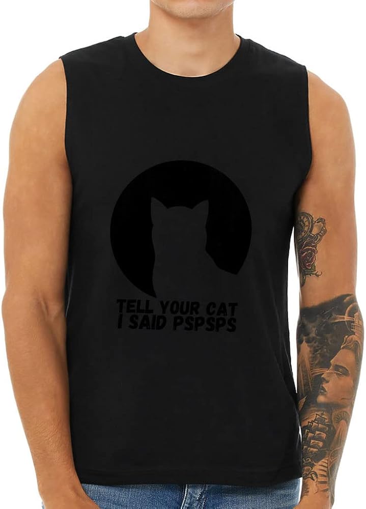 Cat Print Men's Muscle Tank - Tell Your Cat Men's Sleeveless T-Shirt - Graphic Tank - Black, S